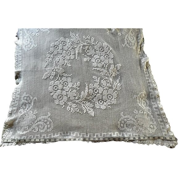 Handcrafted Crochet Tablecloth 36"x32" With Raised Wreath Design & Tatted Edges - Picture 7 of 15